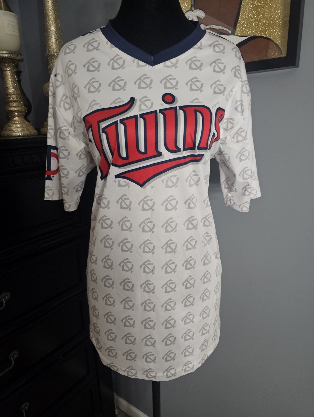 Twins Logo Baseball Tee - White with Red & Navy